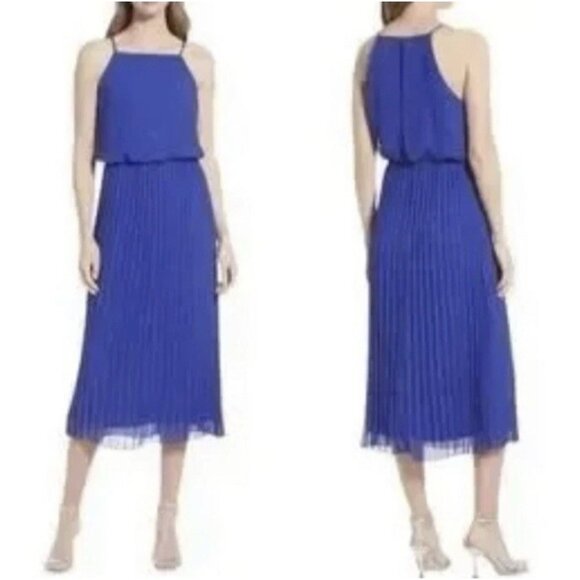 Sam Edelman Midi Dress 2 XS Royal Bluel Flowy Accordion Pleat NEW - Picture 1 of 10